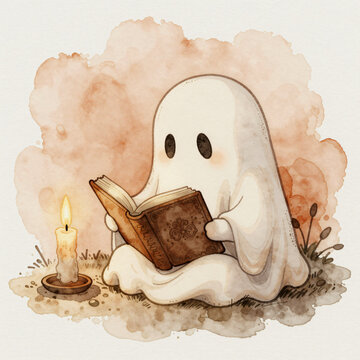 Whimsical Watercolor Cute Ghost Reading Spellbook Beside Cozy Candle