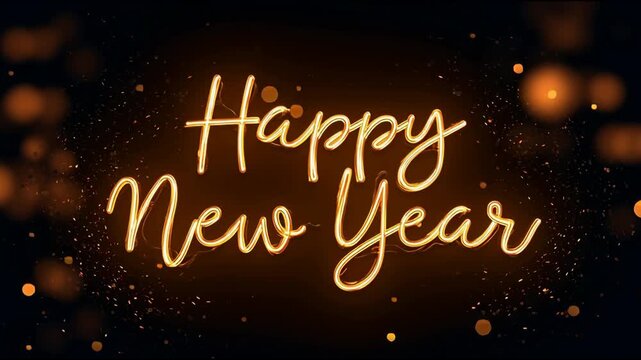 The pulsing text Happy New Year glows in golden neon script against a dark background, surrounded by falling shimmering bokeh lights in this animated New Year celebration video clip.