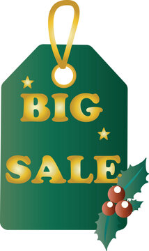 A green &ldquo;BIG SALE&rdquo; price tag features shiny gold lettering, decorative stars, a golden hanging loop, and festive holly leaves with red berries.