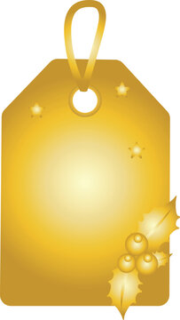A blank golden Christmas gift tag decorated with glowing stars and elegant metallic holly leaves and berries