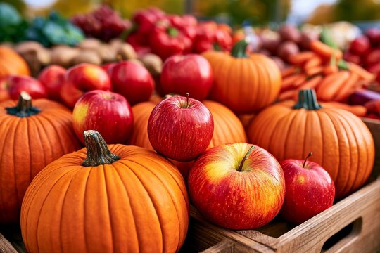 Autumn harvest featuring pumpkins and red apples at market