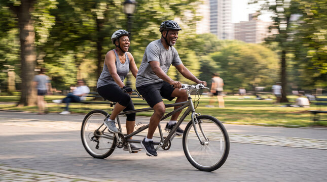 Couples Tandem Ride in Park: A joyous couple enjoys a tandem bicycle ride through a sun-dappled park, experiencing shared adventure and a healthy, active lifestyle amidst urban greenery.