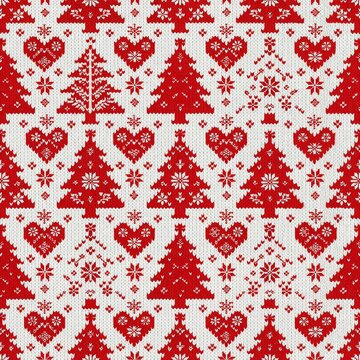 Nordic red white christmas tree heart knit pattern cozy fair isle 1:1