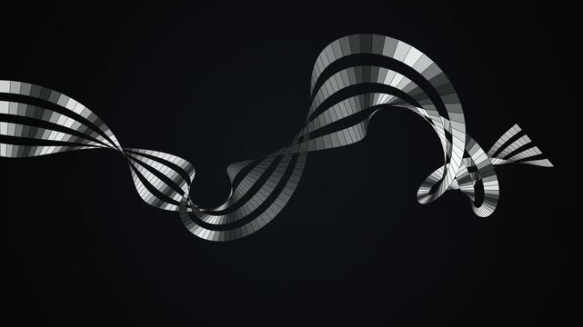 Abstract metallic ribbon wave twisting and flowing across a dark background 4K video