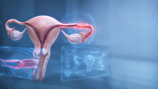 Fallopian tube blockage with uterus and ovary in futuristic healthcare technology visualization, photorealistic medical anatomy for fertility treatment planning, radiology, education and patient care