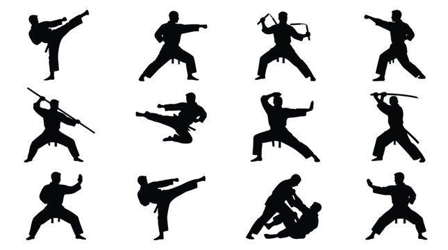 Karate martial arts fighter silhouette set performing various combat poses with weapons and kicking athletic movements