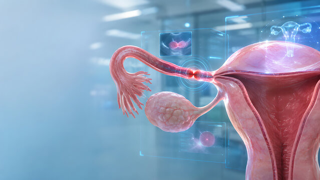 Fallopian tube blockage with uterus and ovary in futuristic healthcare technology visualization, photorealistic medical anatomy for fertility treatment planning, radiology, education and patient care