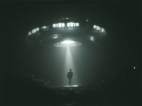 Grainy retro night photograph captures a lone silhouetted human being pulled upward by bright beam from hovering large UFO.