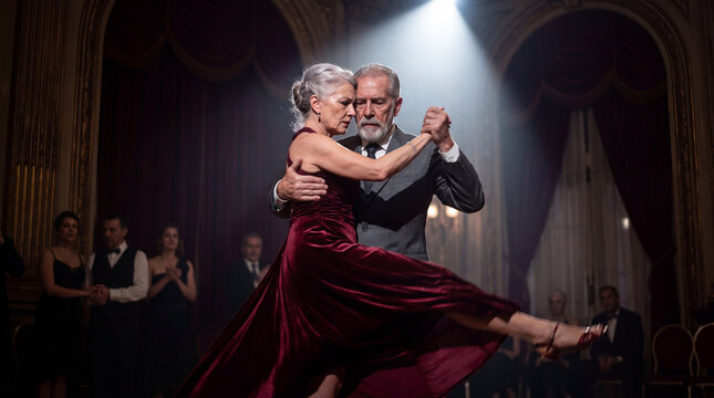 A Timeless Tango: A mature couple glides across a ballroom floor, enveloped in a spotlight's warm embrace, performing a passionate tango that speaks of enduring love and sophisticated elegance.