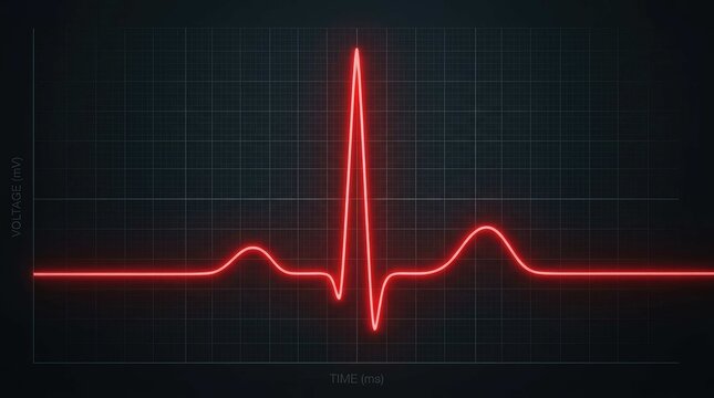 Red glowing ecg heart rate monitor signal on dark grid background