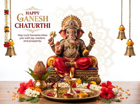  Vibrant Ganesh Chaturthi Puja Thali with Diya, Coconut, and Marigold Flowers against White