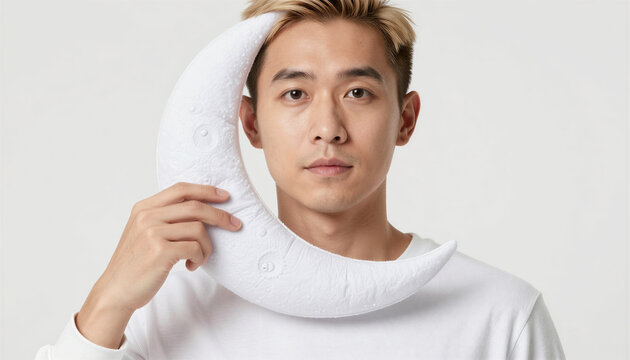 Young man holding white crescent moon pillow by his face