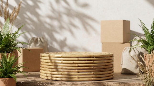 Circular bamboo pedestal stand among cardboard boxes and green ferns with soft leaf shadows on wall in bright outdoor sunny environment for natural product mockup.