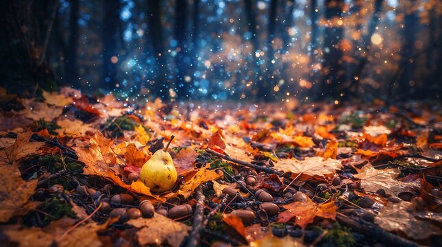 A single fresh yellow pear resting on a carpet of fallen autumn maple leaves and acorns with magical glowing particles floating