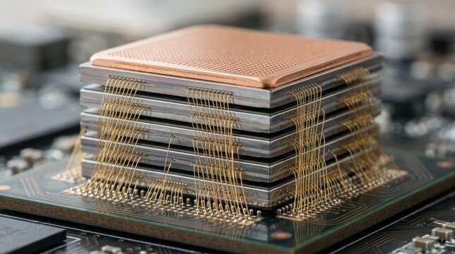 stacked memory dies on a package substrate with gold bond wires, microbumps, and heat spreader texture