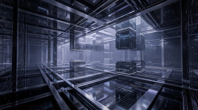 Abstract futuristic environment with floating metallic cubes and geometric structures, complex network of lines and planes, digital art and science fiction concept.