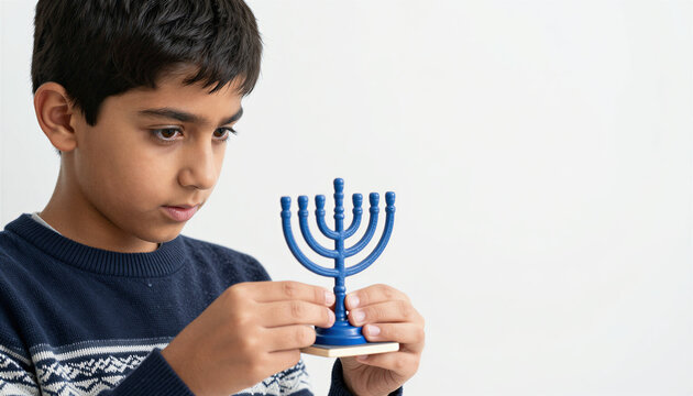 Young boy holding a blue menorah against a clean white background