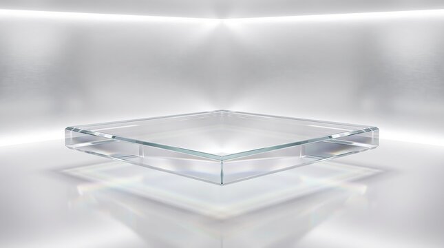 Floating transparent glass square display platform centered in bright white minimalist high tech laboratory environment with futuristic polished clean surface.