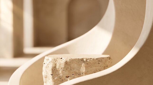 Minimalist beige stone display pedestal podium in organic architectural setting with soft natural sunlight creating elegant shadows for luxury product presentation.