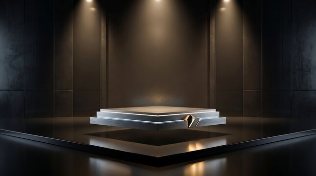 Dark luxurious product display stand featuring sleek metallic finish and subtle blue neon accents centered in atmospheric shadowy room with dramatic spotlight.