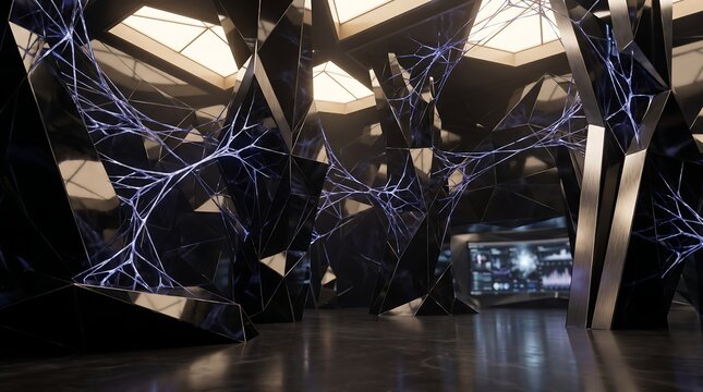 Intricate futuristic interior with black obsidian geometric pillars connected by glowing blue neural network structures in dark high tech research facility hall.