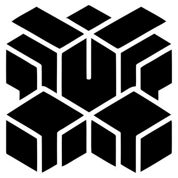 Abstract geometric logo design featuring a symmetrical arrangement of interconnected 3d cubes and block shapes in black isolated on transparent background