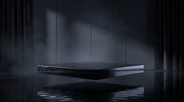 Floating black marble podium over dark water surface with smoke and dramatic spotlight against dark curtains for luxury brand product launch and presentation.