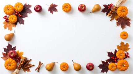 Fototapeta premium Autumn harvest frame border with colorful pumpkins leaves apples and pears on flat surface