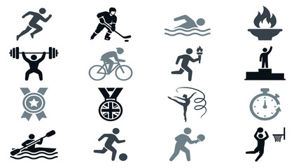 Fototapeta premium Sports and athletic competition glyph icon set featuring summer winter games championship medals running swimming weightlifting torch podium vectors