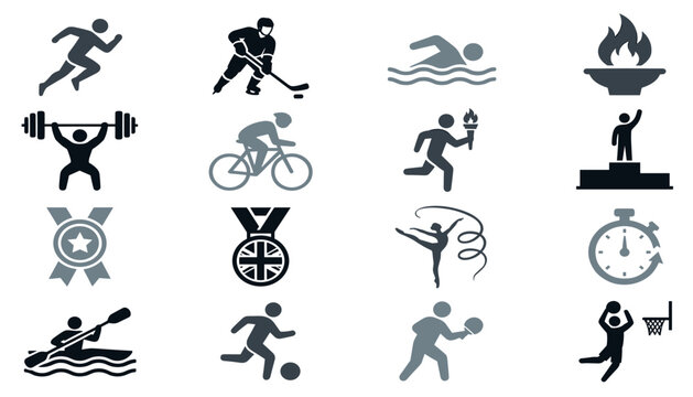 Sports and athletic competition glyph icon set featuring summer winter games championship medals running swimming weightlifting torch podium vectors