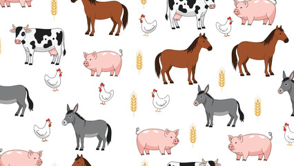 Obraz premium Seamless pattern background featuring various cute farm animals including horses, cows, pigs, donkeys, and chickens with wheat.