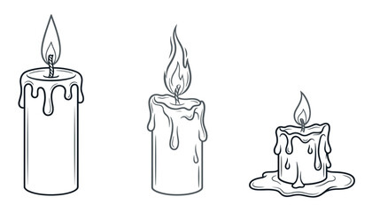 Obraz premium Burning candle line art vector set showing different stages of melting wax and flames isolated on white background