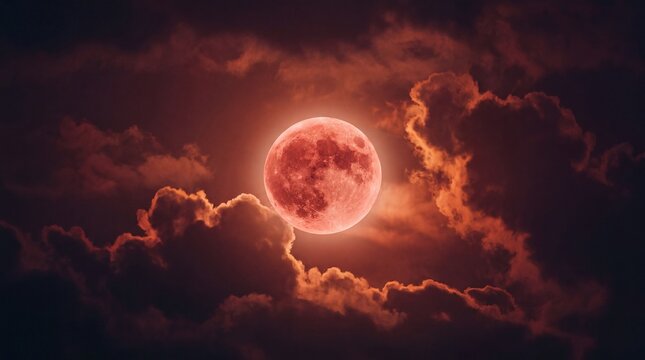 Glowing crimson moon hangs brightly in deep dark night skies with sharp textures and atmospheric light