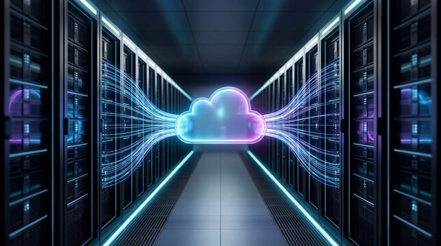 Glowing neon cloud icon hovering between rows of high performance server racks with fiber optic cables
