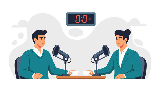 Man and woman recording a live podcast or interviewing each other with microphones, coffee cups, and digital timer.