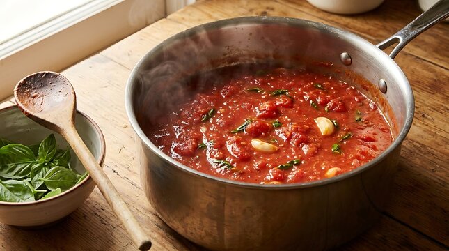 Fresh tomato sauce simmering in a large stainless steel pot on a wooden kitchen counter at home. marinara cooking tips