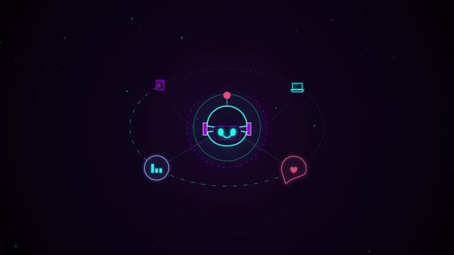 Abstract digital illustration of a friendly robot assistant with connected technology interface icons