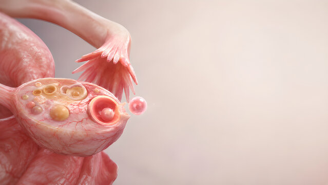 Human ovulation in ovary with mature follicle releasing an egg, photorealistic medical 3D illustration with copy space for fertility healthcare, gynecology education and clinical website banner use