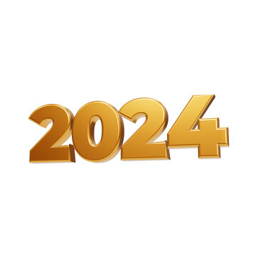 Bright golden three dimensional digits showing the year 2024 against a solid dark black background date isolated on a transparent background