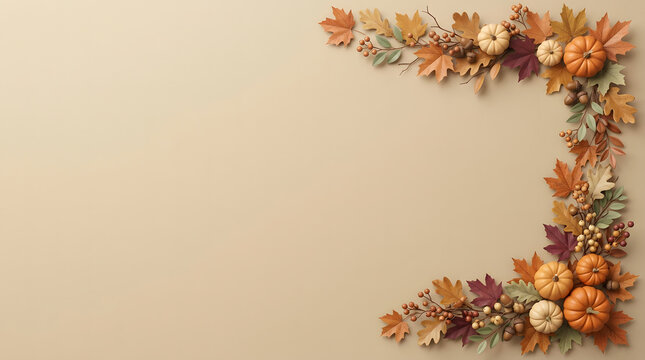 Autumn Frame with Orange and White Pumpkins, Colorful Fall Leaves and Acorns on Beige Background. Thanksgiving Border with Copy Space for Design.