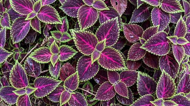 Vibrant coleus leaves displaying bright purple centers and lime green serrated edges in natural morning light
