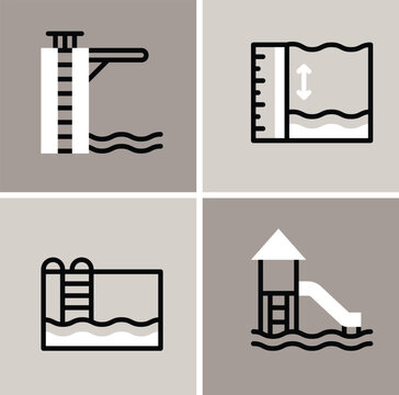 Minimalist swimming pool icon set, modern aquatic recreation symbols featuring diving board and water slide, 4 vector line art elements for leisure facility signage and summer sports apps.