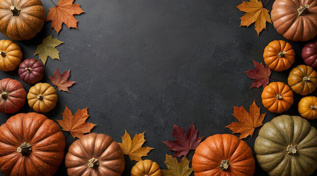 Moody Autumn Frame with Assorted Pumpkins and Maple Leaves on Dark Textured Background. Fall Harvest Border with Center Copy Space for Thanksgiving Banner.