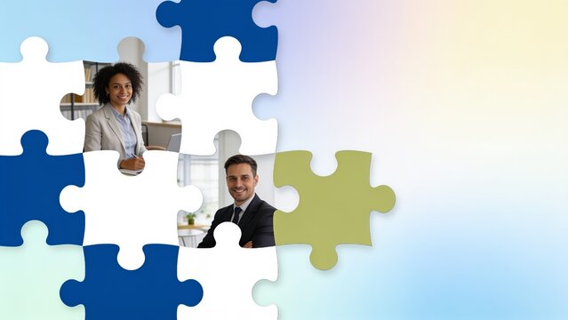 Puzzle pieces revealing diverse professionals &mdash; teamwork, recruitment, HR and collaboration background