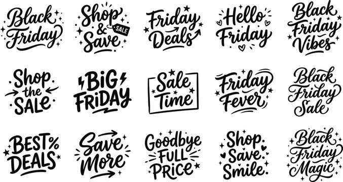 Collection of fifteen hand lettered black friday sale phrases and promotional slogans for retail marketing campaigns and seasonal shopping event designs