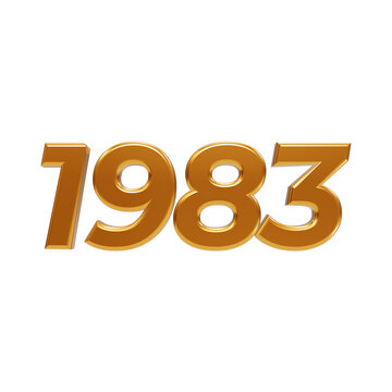 Glossy golden 3d text showing the year nineteen eighty-three composed of metal digits on a dark surface isolated on a transparent background