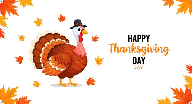 A delightful thanksgiving scene featuring a charming turkey wearing a hat surrounded by vibrant autumn leaves wishing everyone a joyous