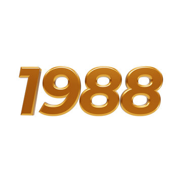 Golden three dimensional numbers representing the year nineteen eighty-eight on a dark black surface isolated on a transparent background