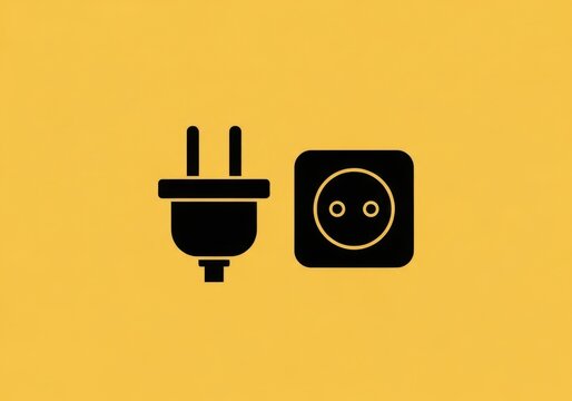 Black electrical plug and socket icon on yellow background