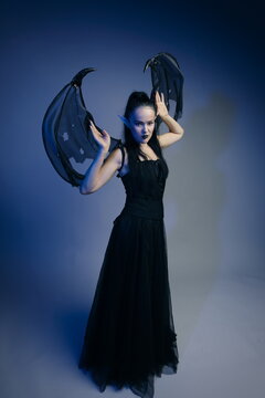Gothic Mature Woman 40s as Dark Elf with Wings in Blue Mist